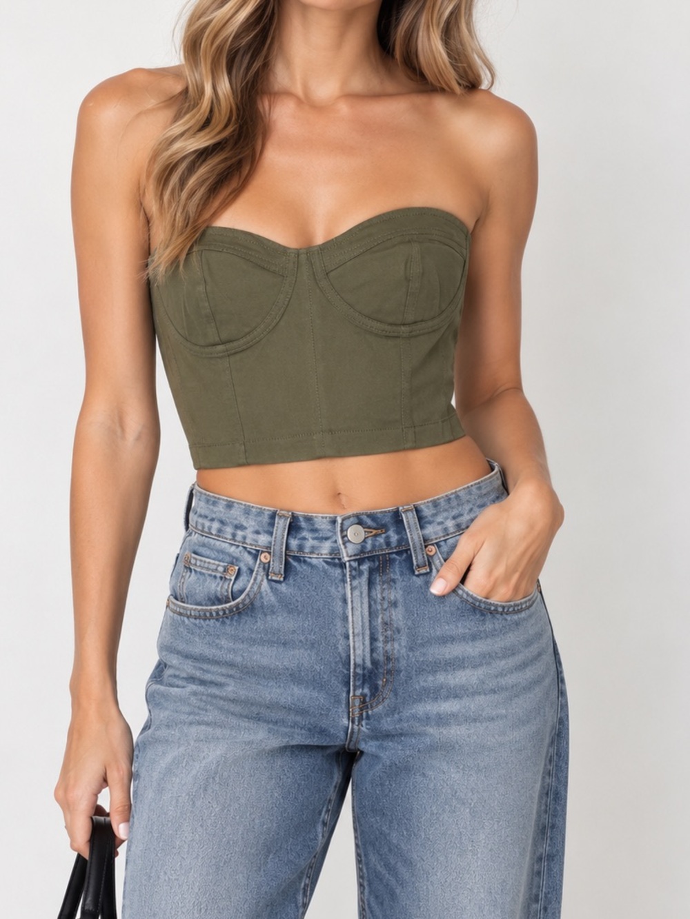 Hot & Delicious Bustier Strapless Crop Top Corset Olive Army Green Cargo Small